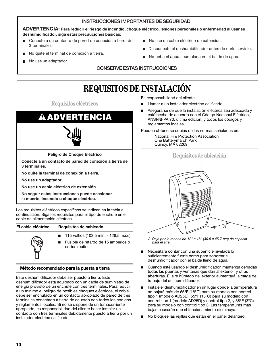 Requisitos de instalación, Advertencia, Requisitos eléctricos | Requisitos de ubicación | Whirlpool AD35DSS0 User Manual | Page 10 / 16