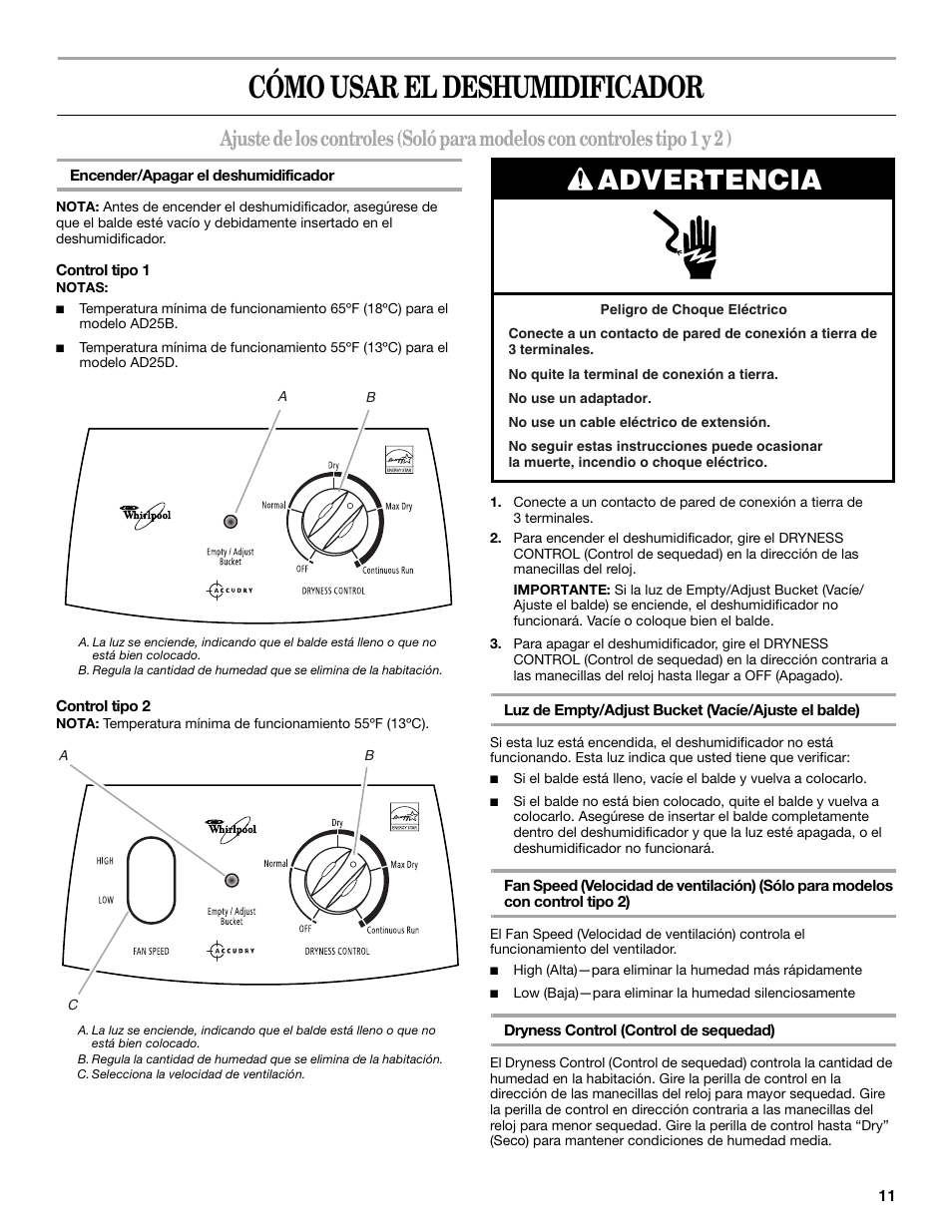 Cómo usar el deshumidificador, Advertencia | Whirlpool AD35DSS0 User Manual | Page 11 / 16