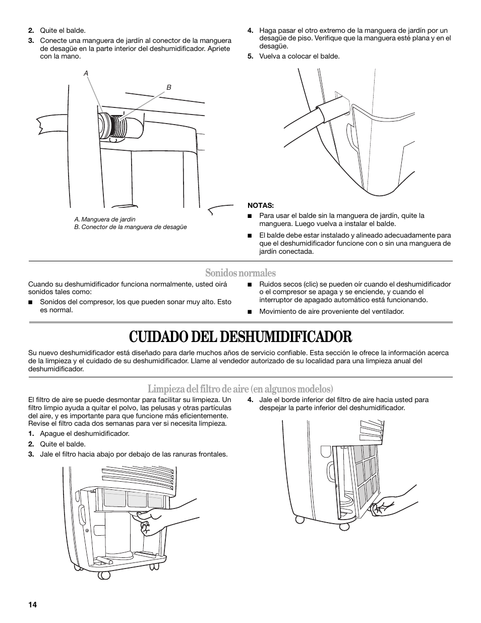 Cuidado del deshumidificador, Sonidos normales, Limpieza del filtro de aire (en algunos modelos) | Whirlpool AD35DSS0 User Manual | Page 14 / 16