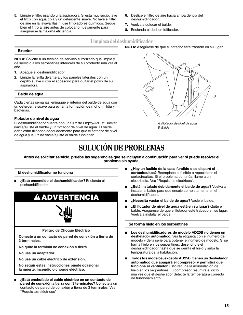 Solución de problemas, Advertencia, Limpieza del deshumidificador | Whirlpool AD35DSS0 User Manual | Page 15 / 16