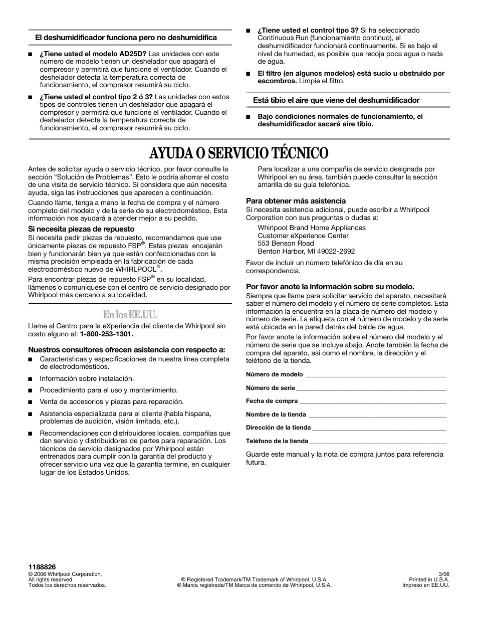 Ayuda o servicio técnico, En los ee.uu | Whirlpool AD35DSS0 User Manual | Page 16 / 16