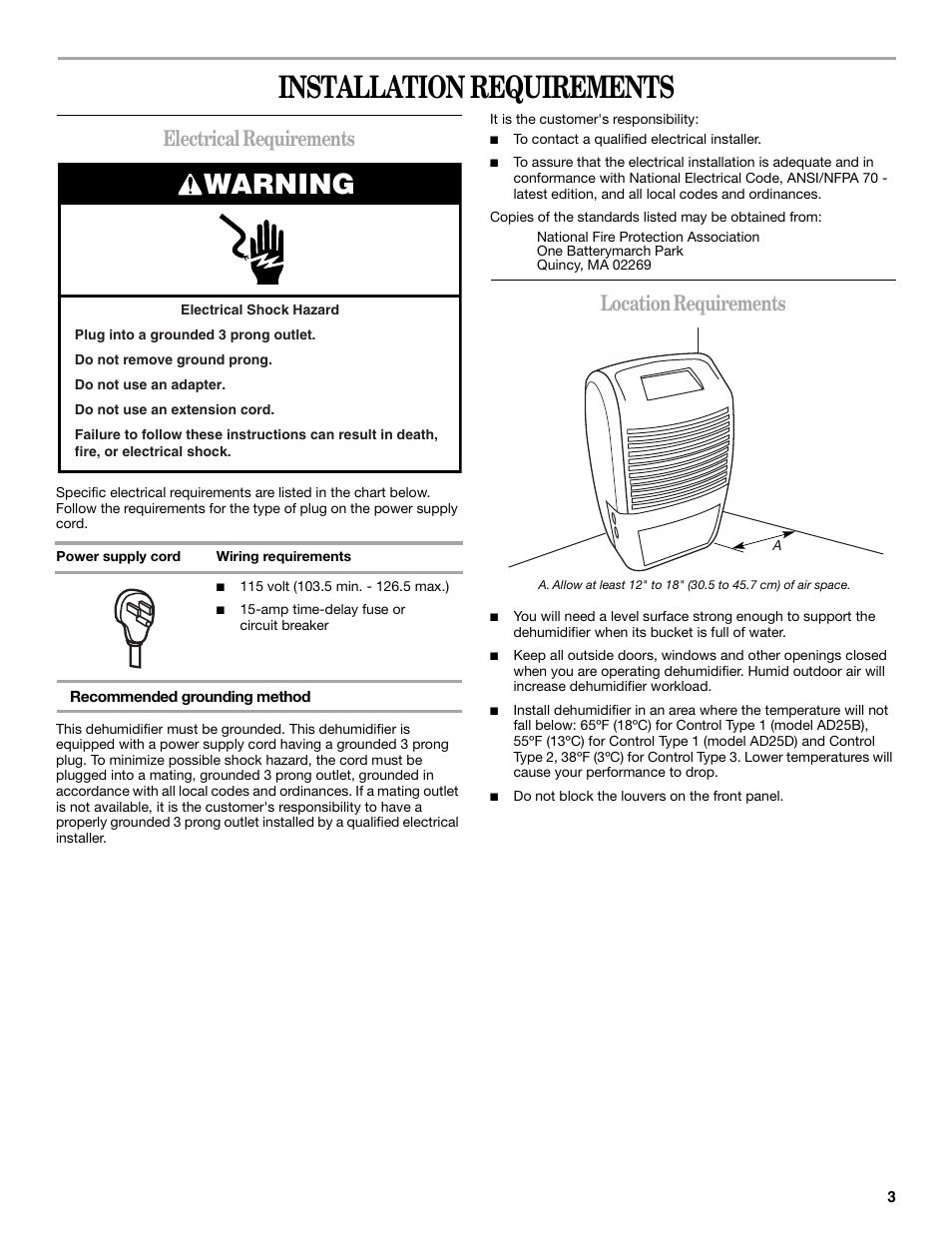 Installation requirements, Warning, Electrical requirements | Location requirements | Whirlpool AD35DSS0 User Manual | Page 3 / 16