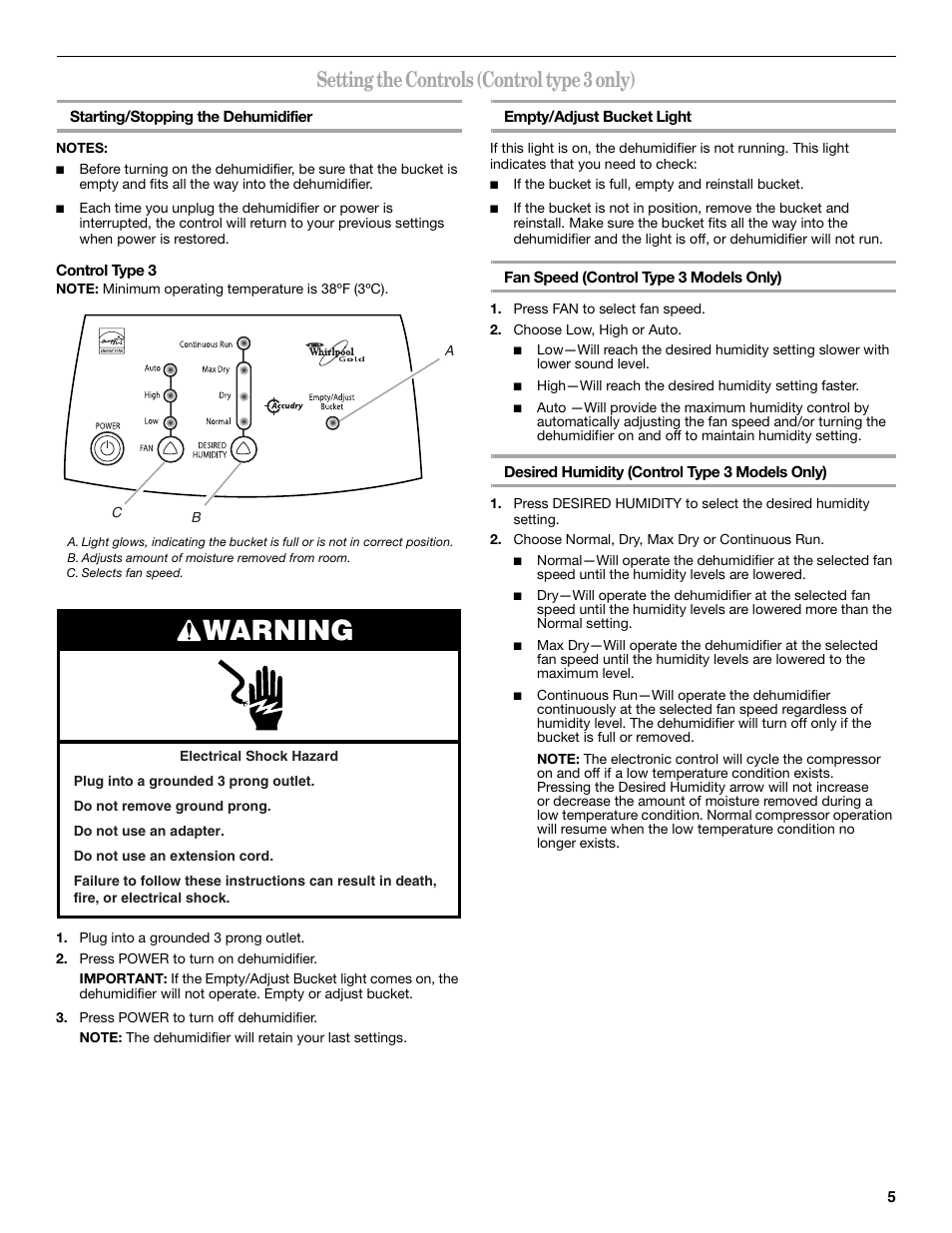 Warning, Setting the controls (control type 3 only) | Whirlpool AD35DSS0 User Manual | Page 5 / 16