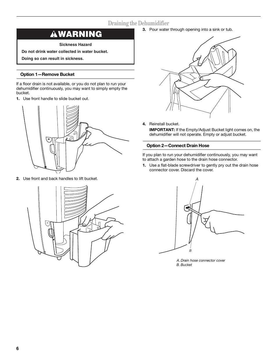 Warning, Draining the dehumidifier | Whirlpool AD35DSS0 User Manual | Page 6 / 16