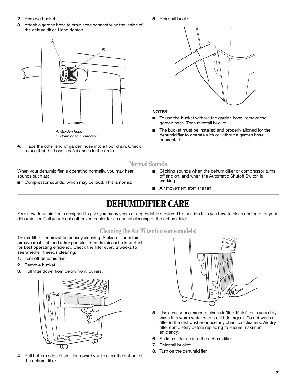 Dehumidifier care, Normal sounds, Cleaning the air filter (on some models) | Whirlpool AD35DSS0 User Manual | Page 7 / 16