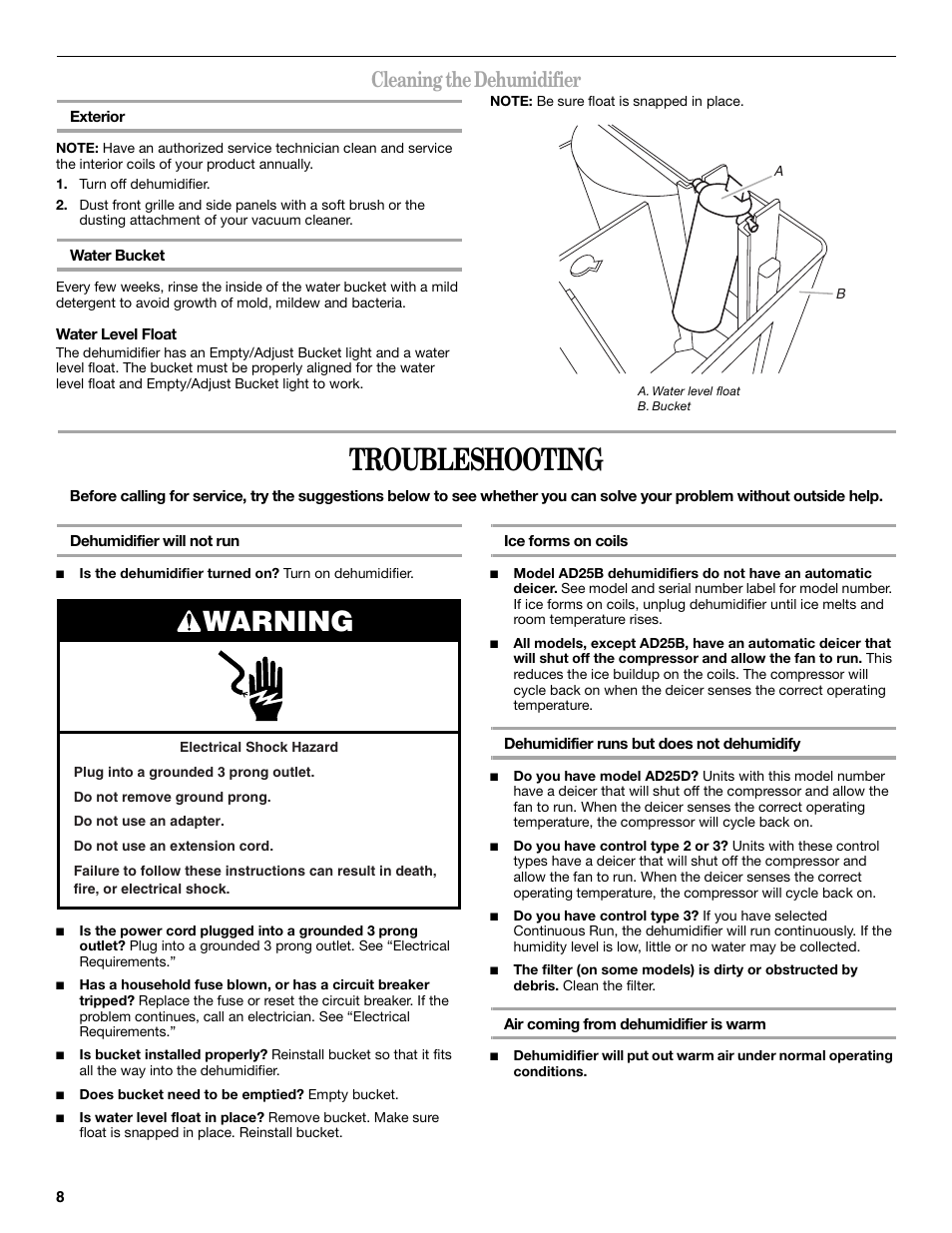 Troubleshooting, Warning, Cleaning the dehumidifier | Whirlpool AD35DSS0 User Manual | Page 8 / 16