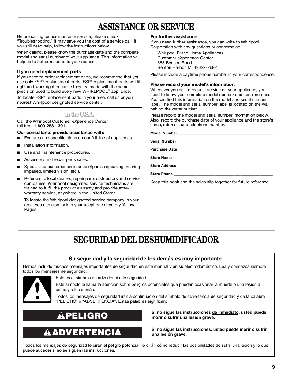 Assistance or service, Seguridad del deshumidificador, Advertencia peligro | Whirlpool AD35DSS0 User Manual | Page 9 / 16