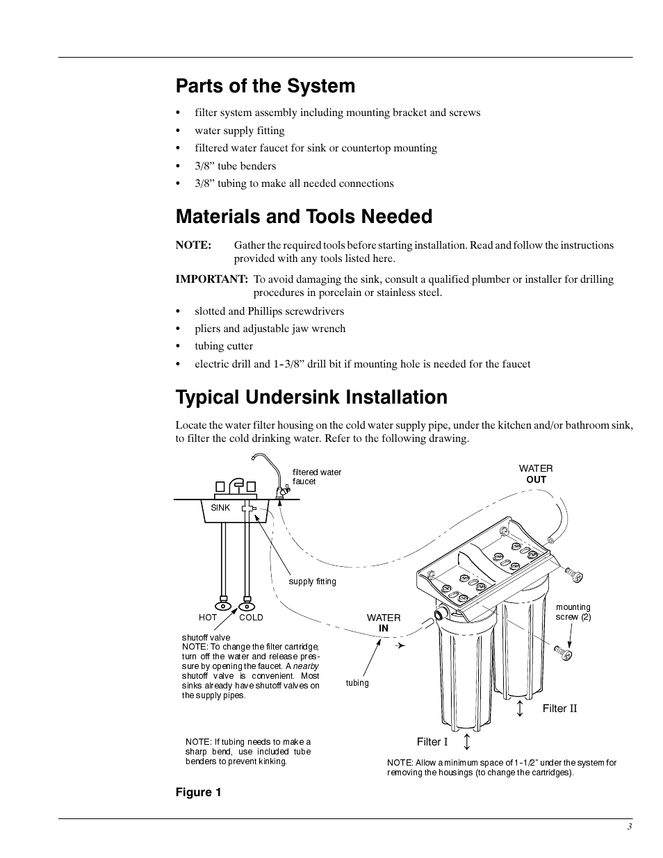 Parts of the system, Materials and tools needed, Typical undersink installation | Whirlpool WHED10 User Manual | Page 3 / 11