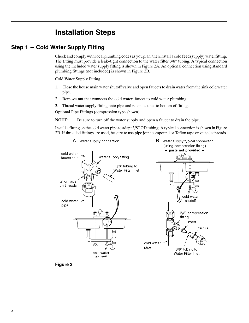 Step 1 - cold water supply fitting, Installation steps | Whirlpool WHED10 User Manual | Page 4 / 11