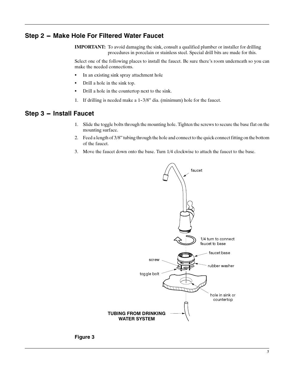 Step 2 - make hole for filtered water faucet, Step 3 - install faucet | Whirlpool WHED10 User Manual | Page 5 / 11