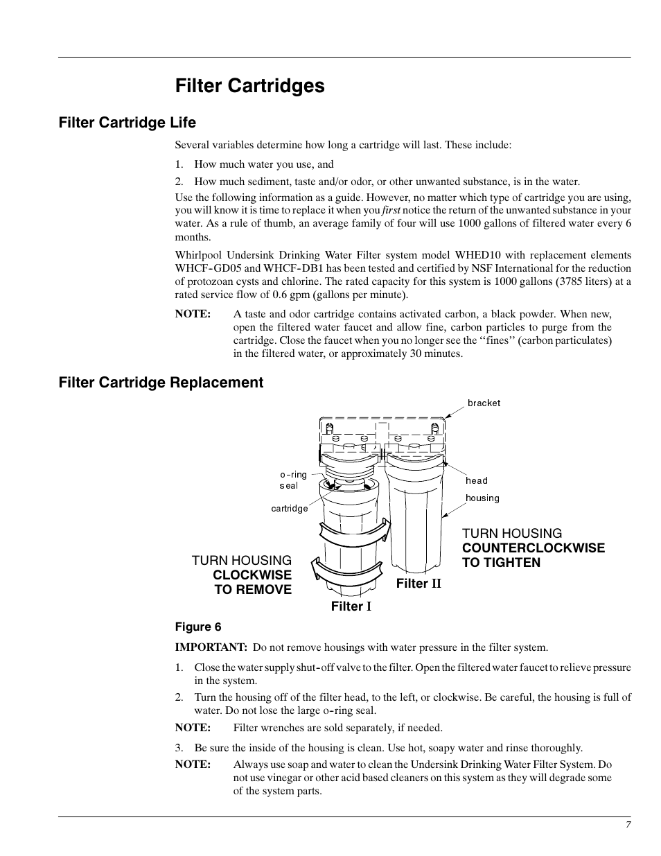 Filter cartridge life, Filter cartridge replacement, Filter cartridges | Whirlpool WHED10 User Manual | Page 7 / 11