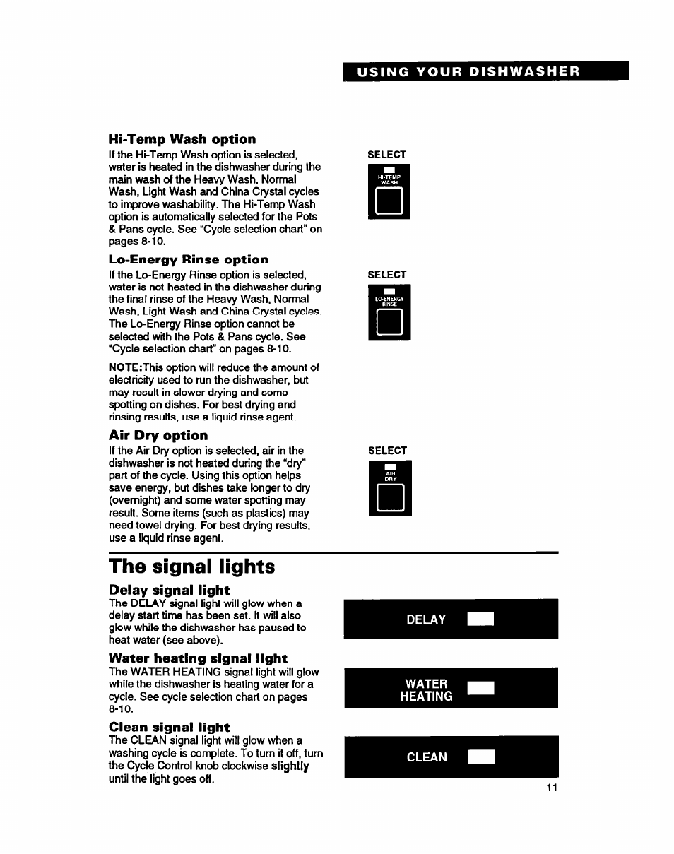 Hi-temp wash option, Lo-energy rinse option, Air dry option | The signal lights, Delay signal light, Water heating signal light, Clean signal light | Whirlpool 8900 User Manual | Page 11 / 28