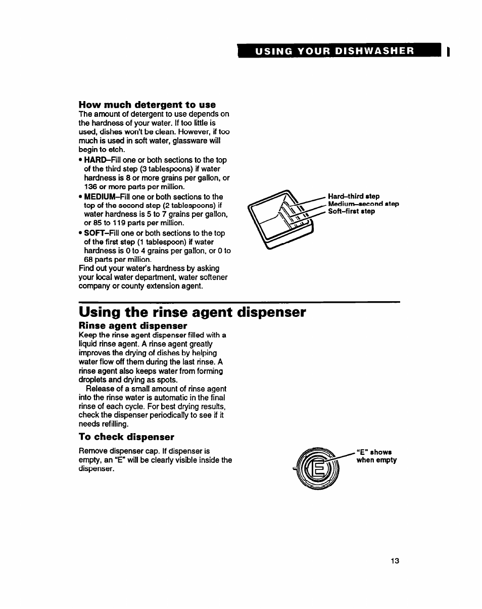 How much detergent to use, Using the rinse agent dispenser, Rinse agent dispenser | To check dispenser | Whirlpool 8900 User Manual | Page 13 / 28