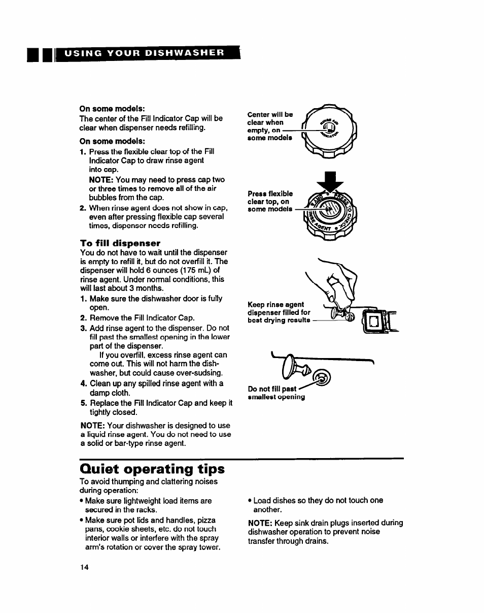 To fill dispenser, Quiet operating tips | Whirlpool 8900 User Manual | Page 14 / 28