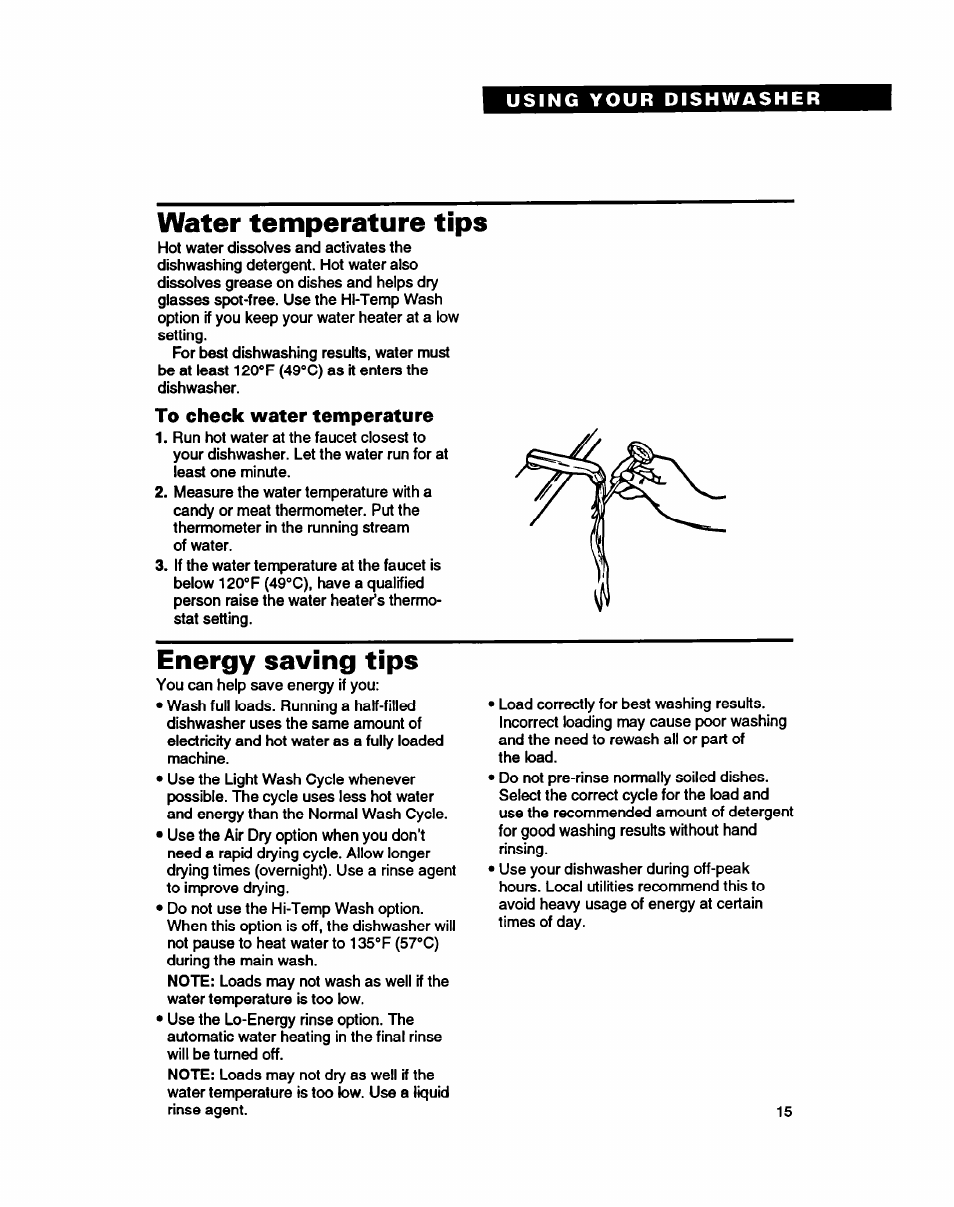 Water temperature tips, To check water temperature, Energy saving tips | Whirlpool 8900 User Manual | Page 15 / 28