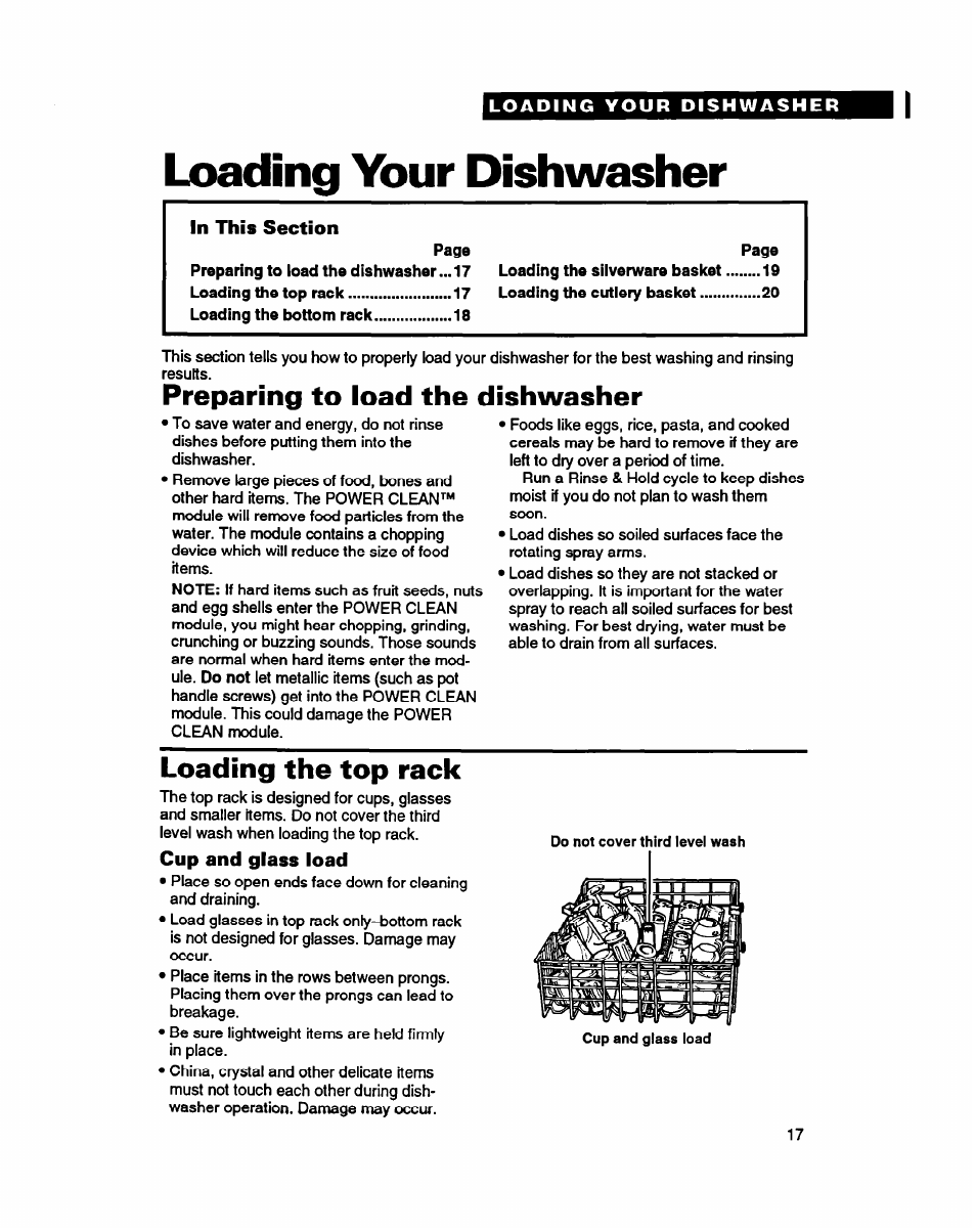 Loading your dishwasher, Preparing to load the dishwasher, Loading the top rack | Cup and glass load, Starting your dishwasher | Whirlpool 8900 User Manual | Page 17 / 28