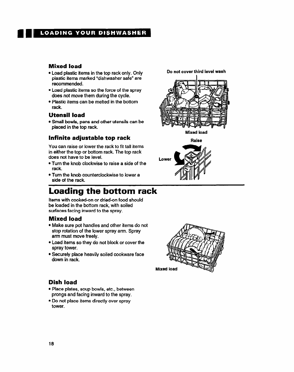 Mixed load, Utensil load, Infinite adjustable top rack | Loading the bottom rack, Mixed ioad, Dish ioad | Whirlpool 8900 User Manual | Page 18 / 28