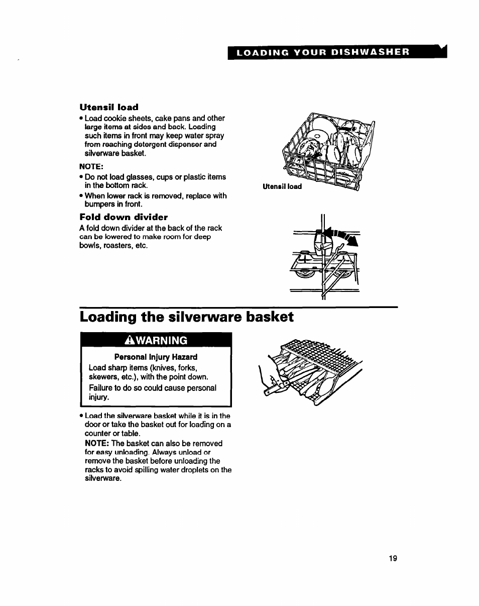 Utensil load, Fold down divider, Loading the silverware basket | A warning | Whirlpool 8900 User Manual | Page 19 / 28