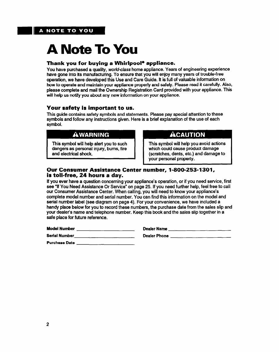 A note to you, Thank you for buying a whirlpool* appliance, Your safety is important to us | Whirlpool 8900 User Manual | Page 2 / 28