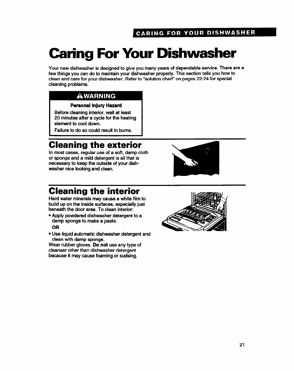 Caring for your dishwasher, Cleaning the exterior, Cleaning the interior | Before starting your dishwasher | Whirlpool 8900 User Manual | Page 21 / 28