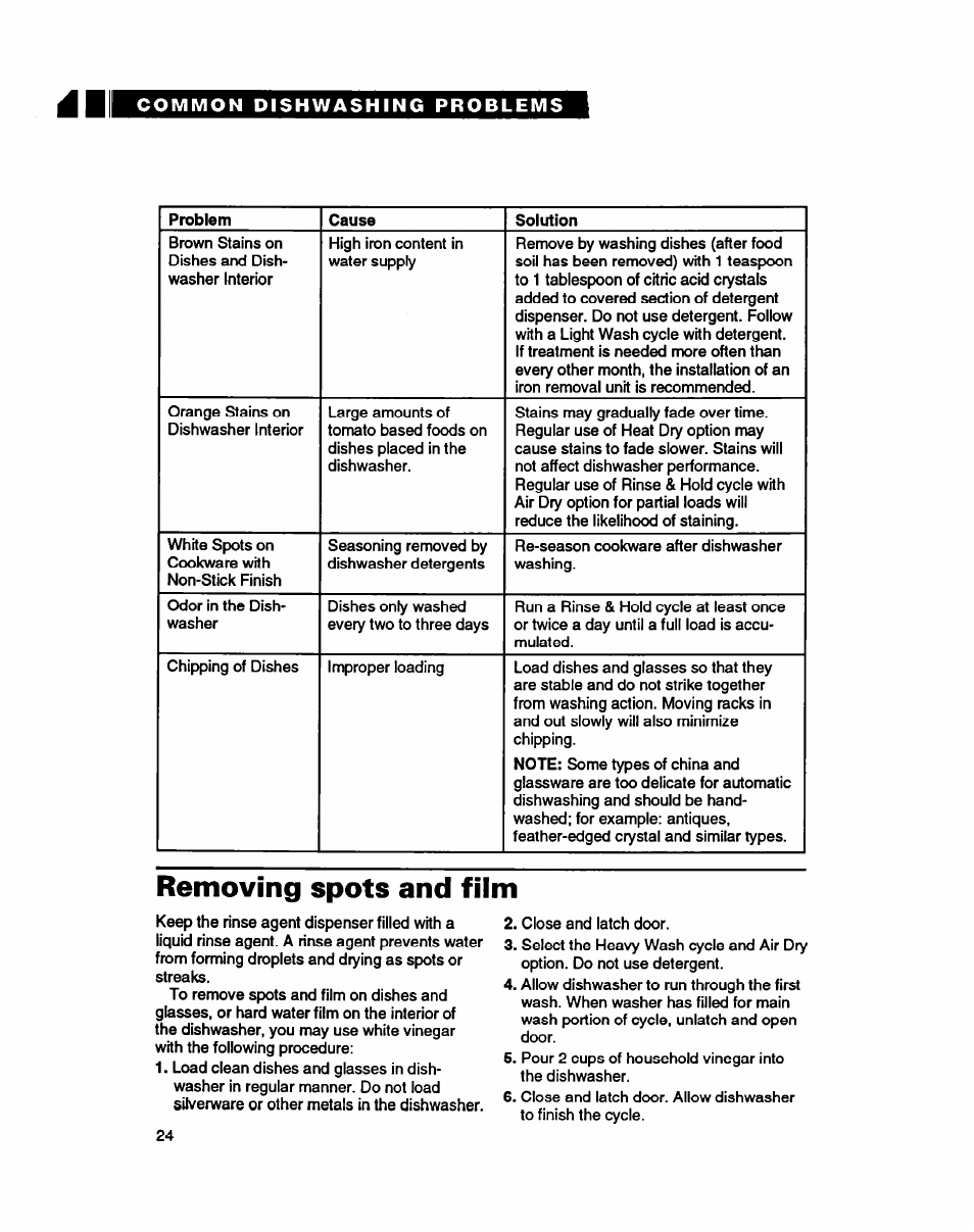 Removing spots and film | Whirlpool 8900 User Manual | Page 24 / 28
