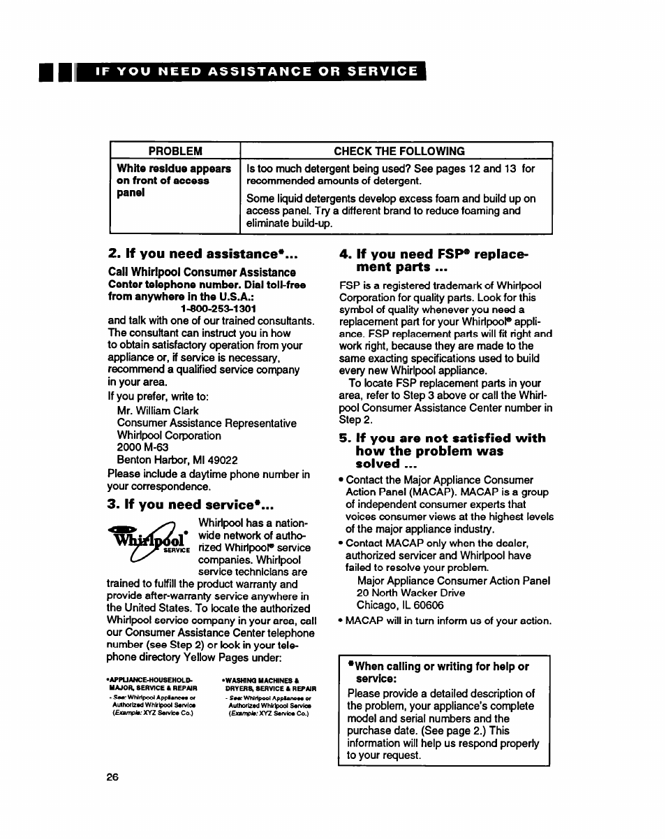 If you need assistance, If you need service, If you need fsp* replacement parts | If you need fsp* replace­ ment parts | Whirlpool 8900 User Manual | Page 26 / 28