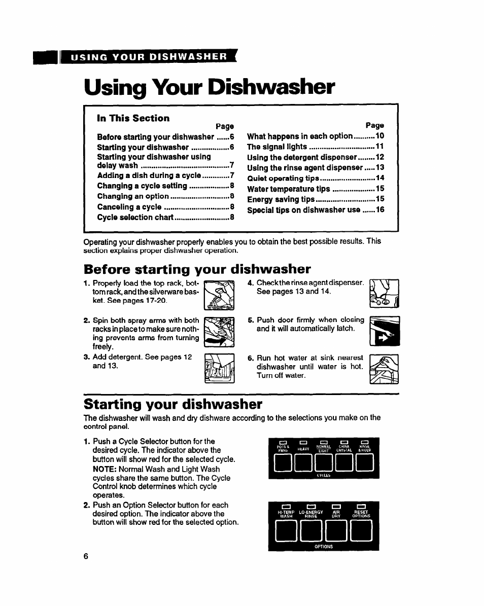 Using your dishwasher, In this section, Before starting your dishwasher | Starting your dishwasher | Whirlpool 8900 User Manual | Page 6 / 28