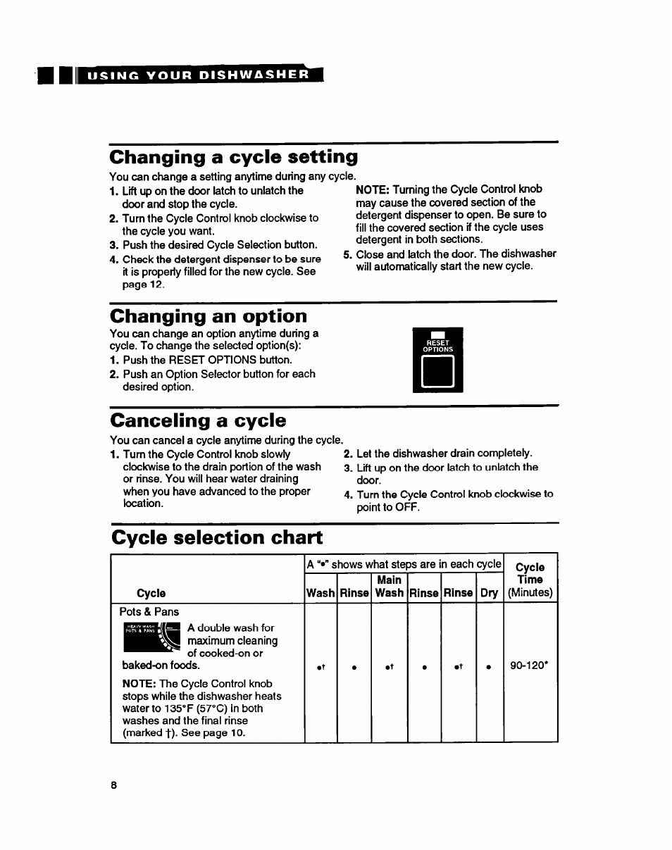 Changing a cycle setting, Changing an option, Canceling a cycle | Cycle selection chart | Whirlpool 8900 User Manual | Page 8 / 28