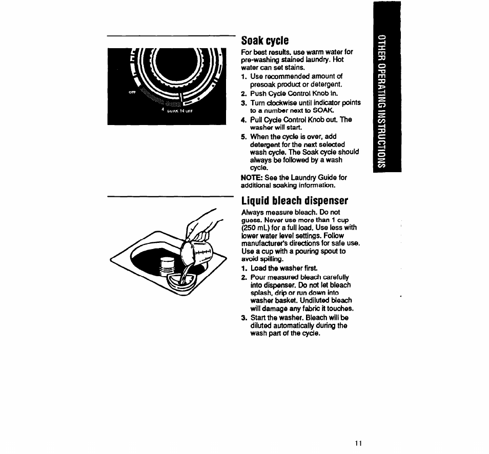 Soak cycle, Liquid bleach dispenser | Whirlpool LA9320XY User Manual | Page 11 / 16