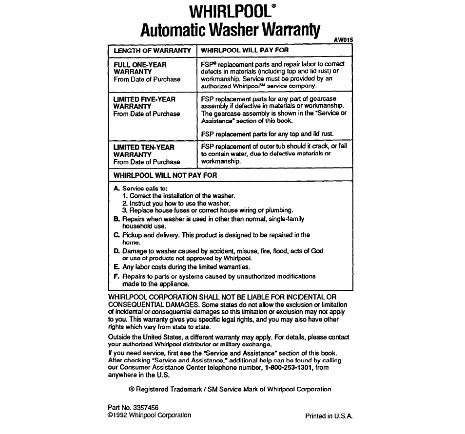 Whirlpool, Automatic washer warranty, Whirlpool automatic washer | Warranty, Whirlpool* automatic washer warranty | Whirlpool LA9320XY User Manual | Page 16 / 16