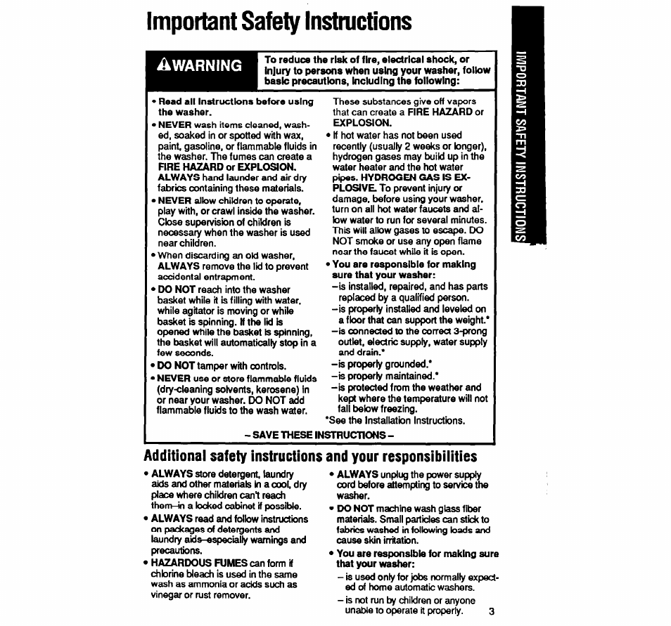 Important safety instmctions, Important safety instructions, Warning | Whirlpool LA9320XY User Manual | Page 3 / 16