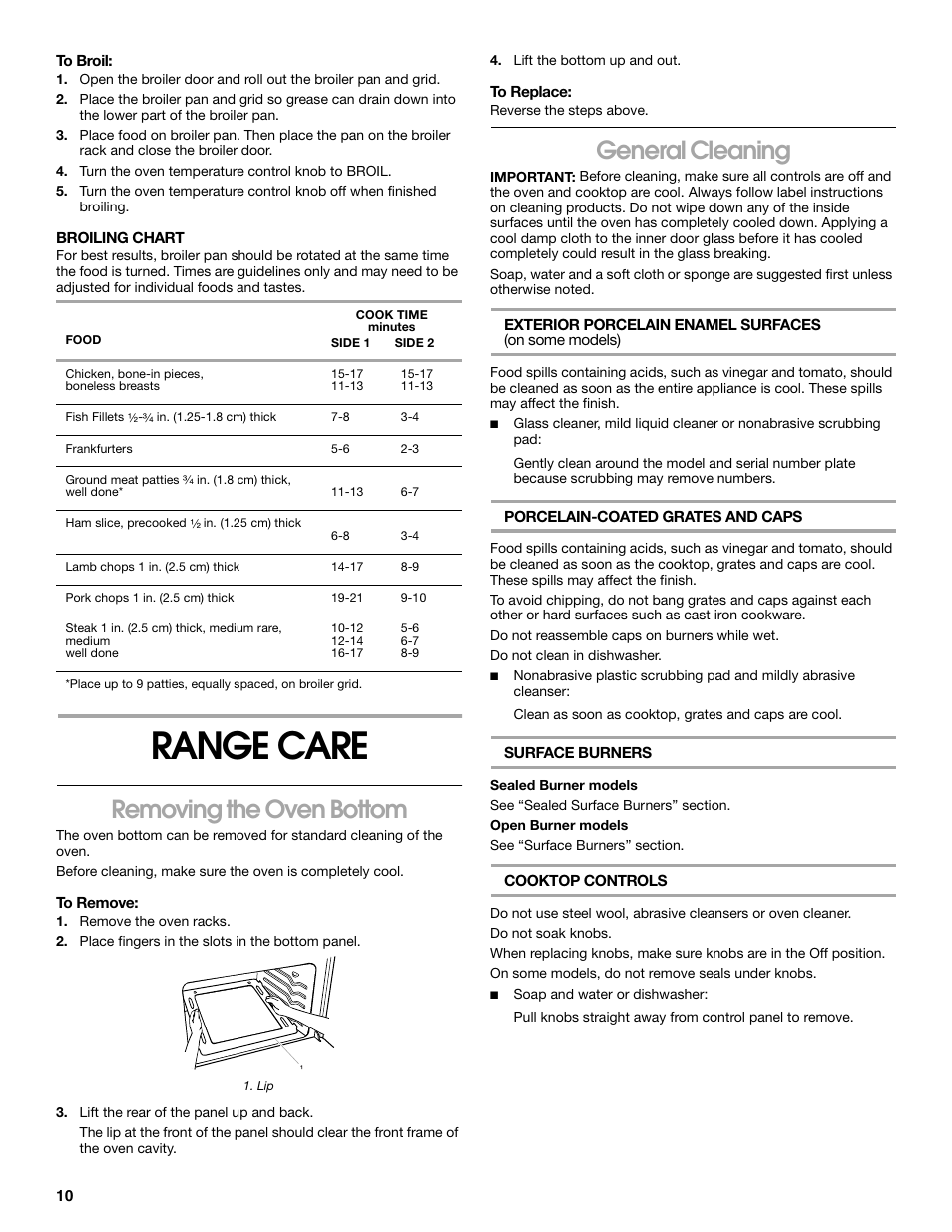 Range care, Removing the oven bottom, General cleaning | Whirlpool 98014840 User Manual | Page 10 / 28