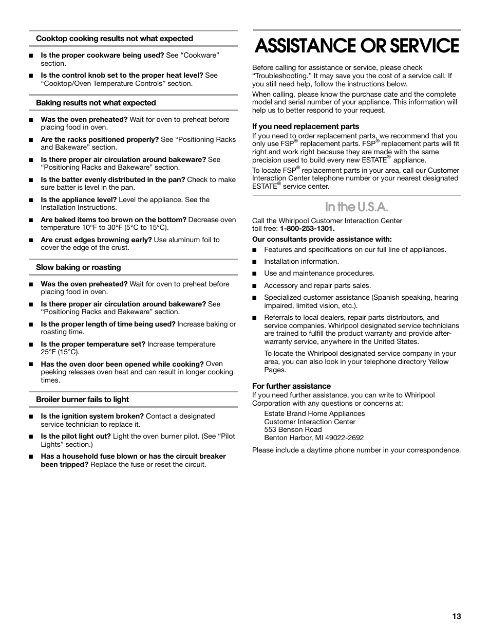 Assistance or service | Whirlpool 98014840 User Manual | Page 13 / 28
