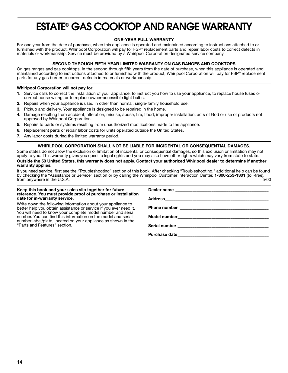 Estate, Gas cooktop and range warranty | Whirlpool 98014840 User Manual | Page 14 / 28