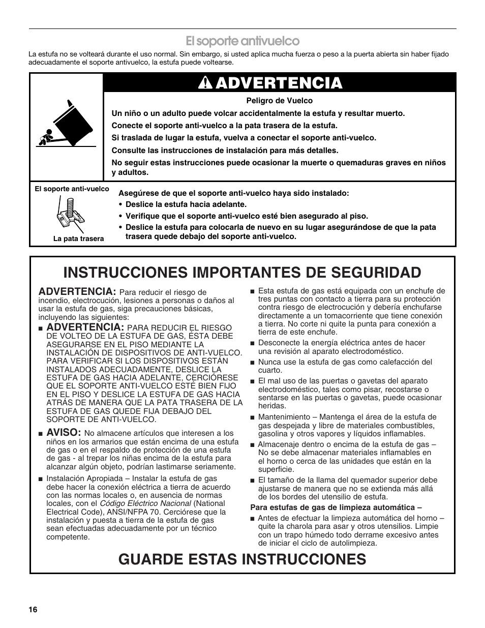 Advertencia, Guarde estas instrucciones, Instrucciones importantes de seguridad | El soporte antivuelco, Aviso | Whirlpool 98014840 User Manual | Page 16 / 28
