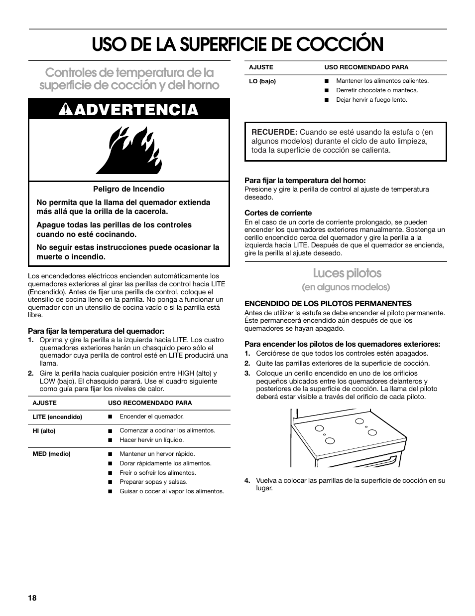 Uso de la superficie de cocción, Advertencia, Luces pilotos | En algunos modelos) | Whirlpool 98014840 User Manual | Page 18 / 28