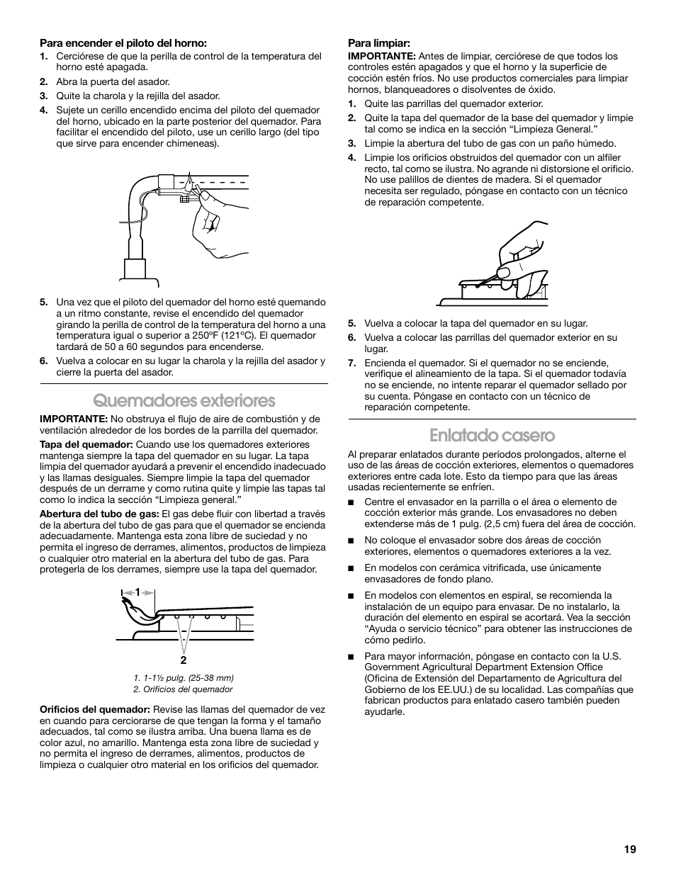 Quemadores exteriores, Enlatado casero | Whirlpool 98014840 User Manual | Page 19 / 28