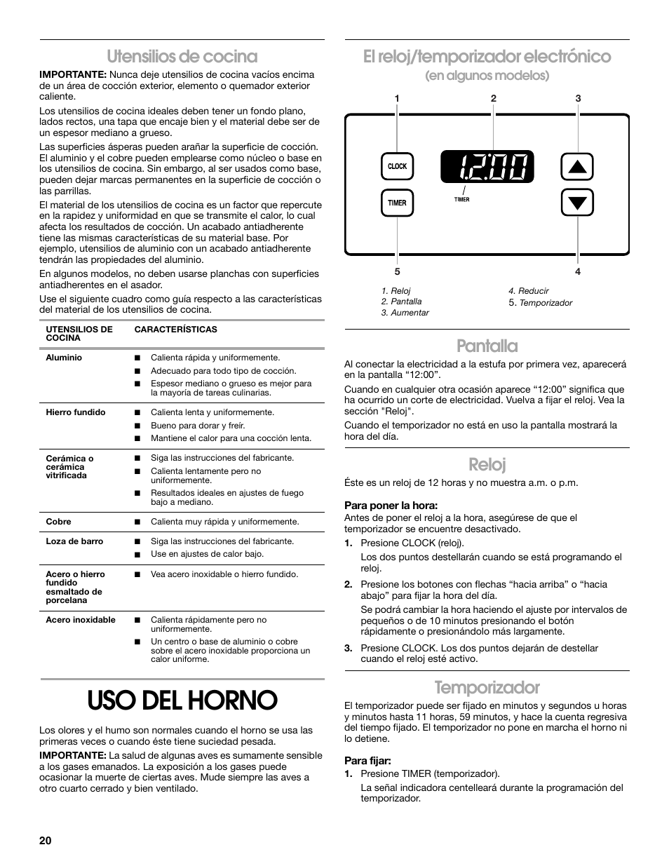 Uso del horno, Utensilios de cocina, El reloj/temporizador electrónico | Pantalla, Reloj, Temporizador, En algunos modelos) | Whirlpool 98014840 User Manual | Page 20 / 28