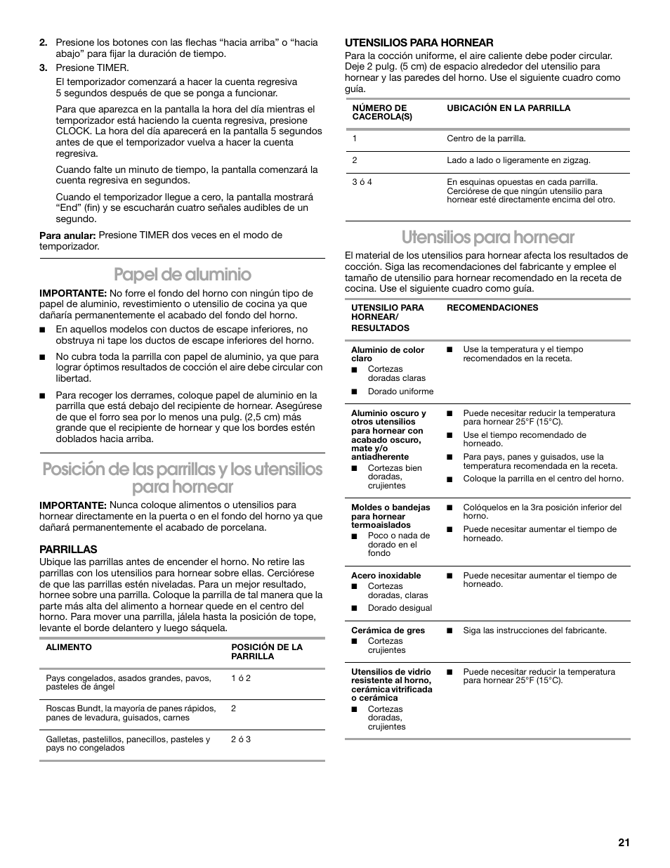 Papel de aluminio, Utensilios para hornear | Whirlpool 98014840 User Manual | Page 21 / 28