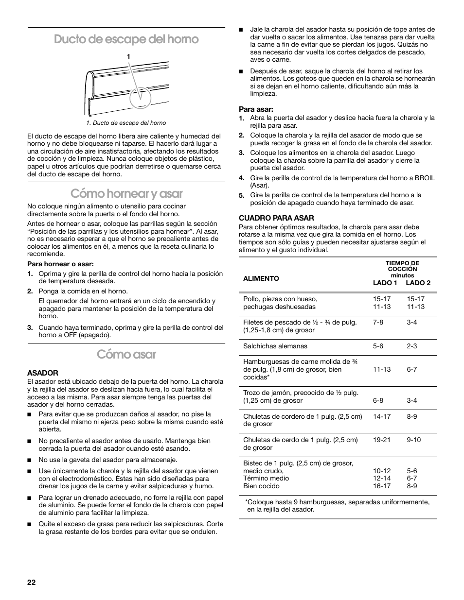 Ducto de escape del horno, Cómo hornear y asar, Cómo asar | Whirlpool 98014840 User Manual | Page 22 / 28