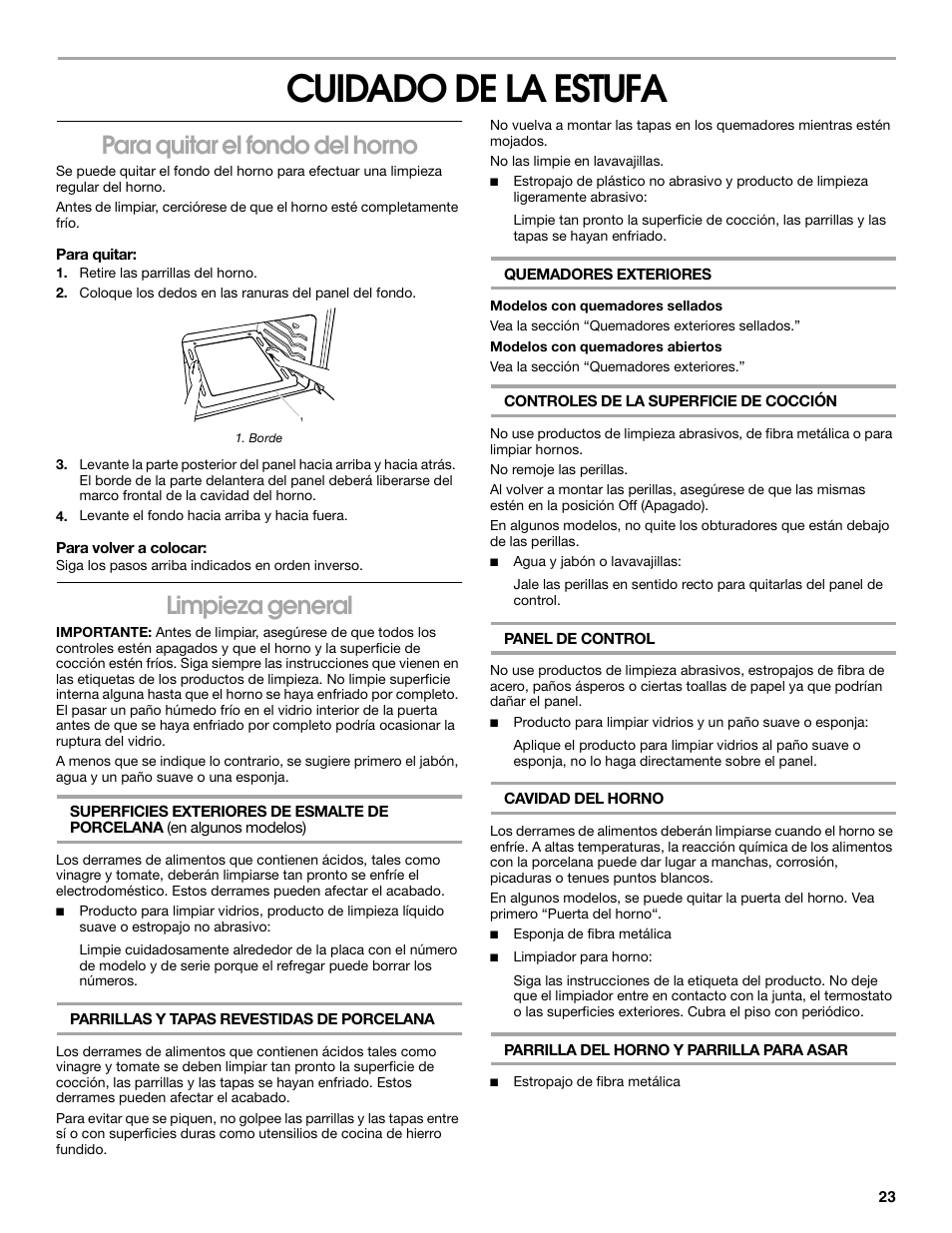 Cuidado de la estufa, Para quitar el fondo del horno, Limpieza general | Whirlpool 98014840 User Manual | Page 23 / 28