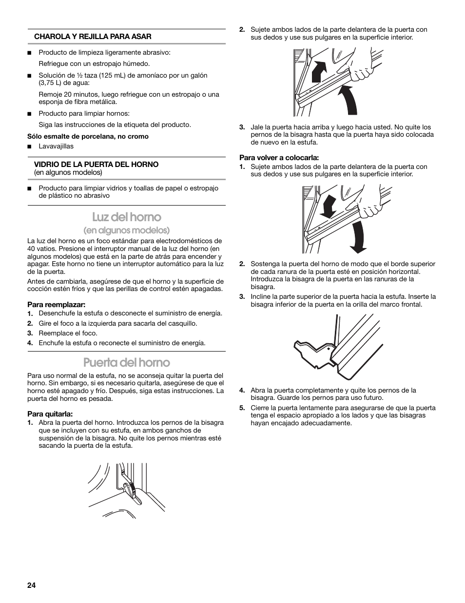 Luz del horno, Puerta del horno, En algunos modelos) | Whirlpool 98014840 User Manual | Page 24 / 28