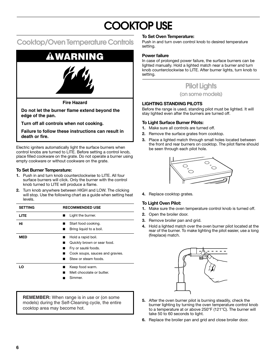 Cooktop use, Warning, Cooktop/oven temperature controls | Pilot lights, On some models) | Whirlpool 98014840 User Manual | Page 6 / 28