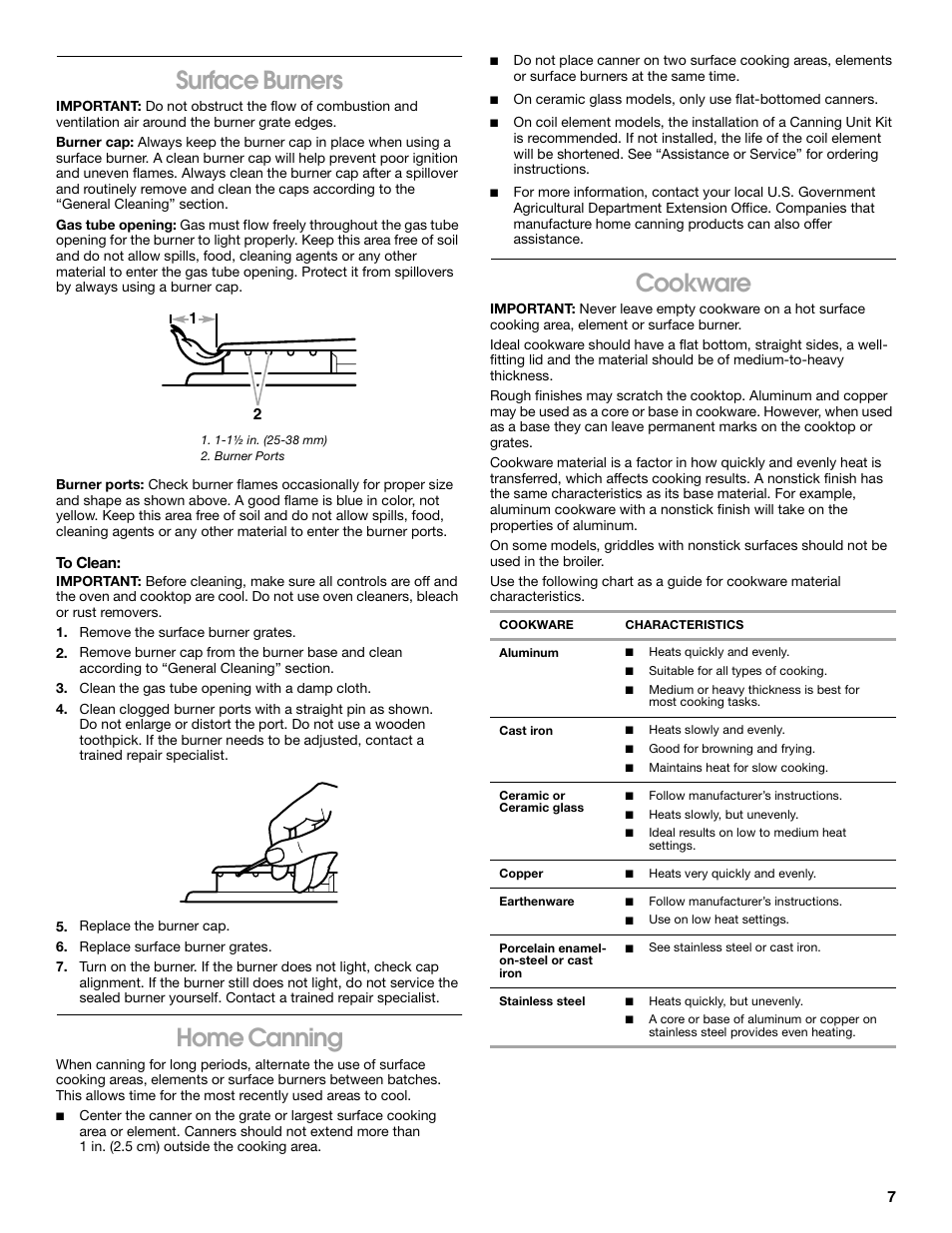 Surface burners, Home canning, Cookware | Whirlpool 98014840 User Manual | Page 7 / 28