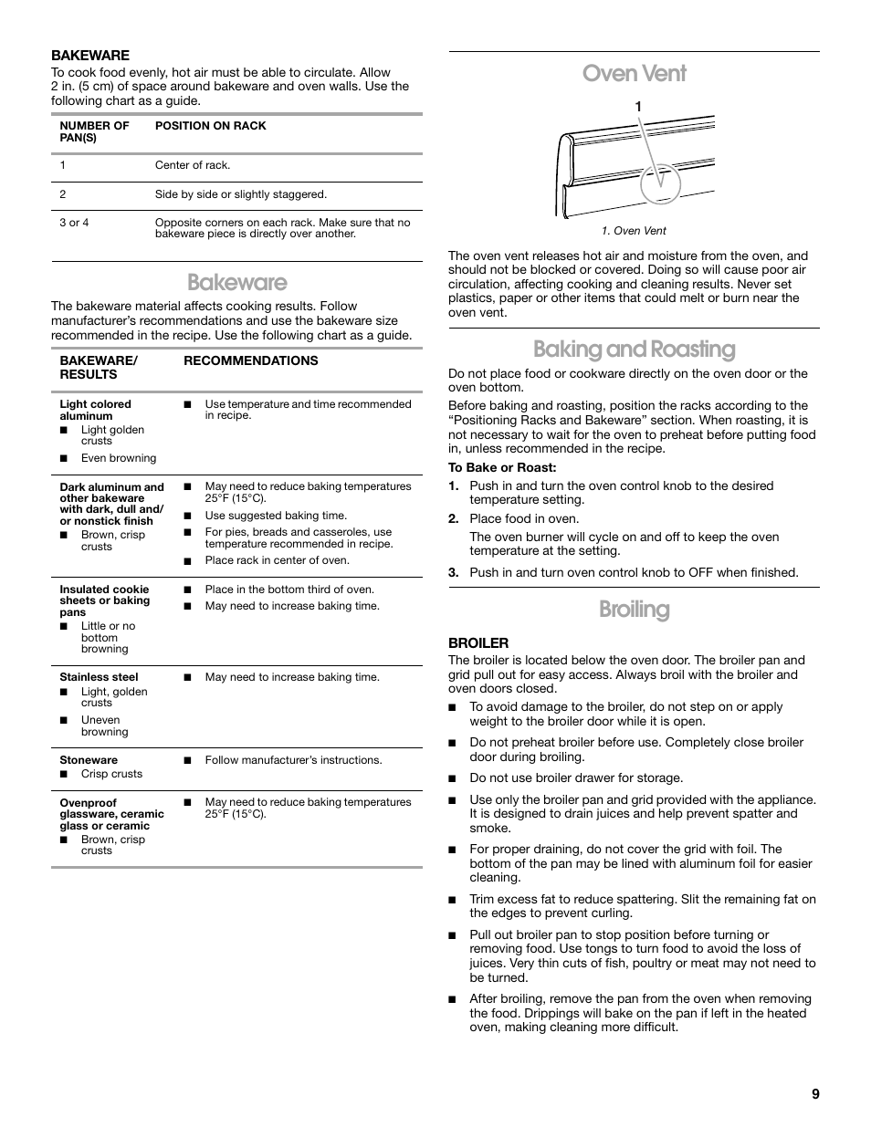 Bakeware, Oven vent, Baking and roasting | Broiling | Whirlpool 98014840 User Manual | Page 9 / 28