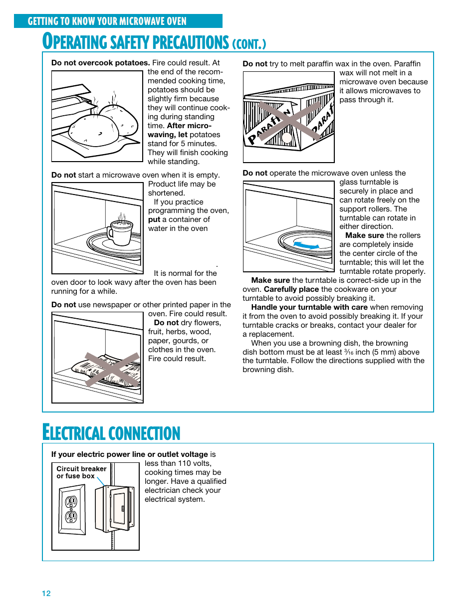 Electrical connection, Lectrical, Connection | Perating, Safety, Precautions, Cont | Whirlpool YMH7140XF User Manual | Page 12 / 48