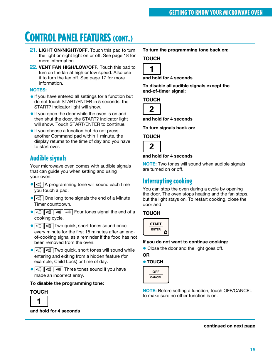 Ontrol, Panel, Features | Cont, Interrupting cooking, Audible signals, Getting to know your microwave oven | Whirlpool YMH7140XF User Manual | Page 15 / 48