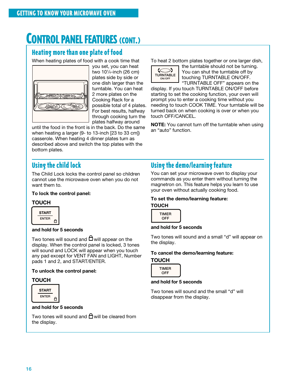 Ontrol, Panel, Features | Cont, Heating more than one plate of food, Using the child lock, Using the demo/learning feature, Getting to know your microwave oven | Whirlpool YMH7140XF User Manual | Page 16 / 48