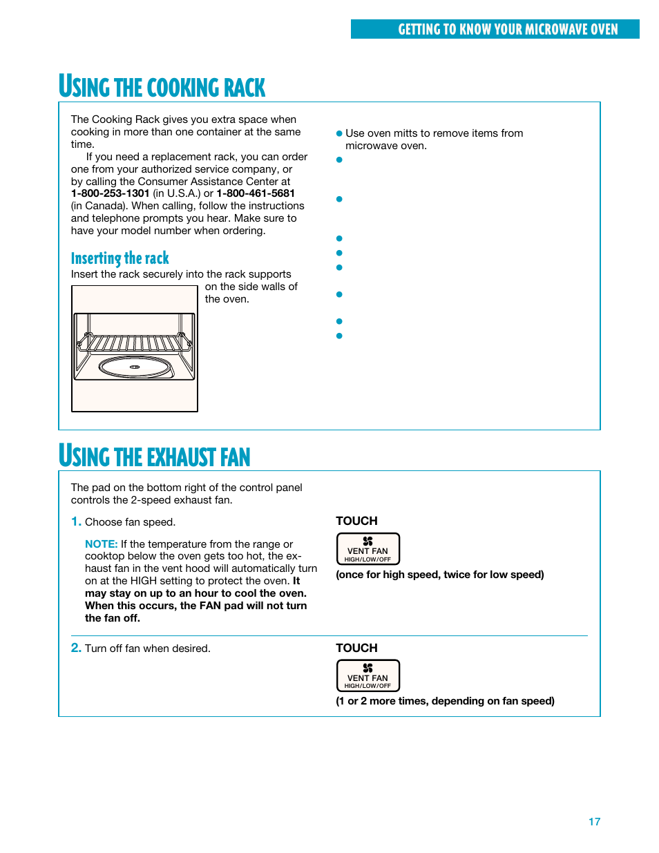 Using the cooking rack, Using the exhaust fan, Sing | Cooking, Rack, Exhaust | Whirlpool YMH7140XF User Manual | Page 17 / 48