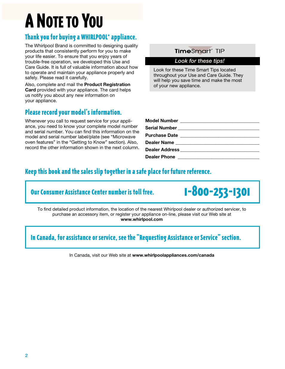 A note to you | Whirlpool YMH7140XF User Manual | Page 2 / 48